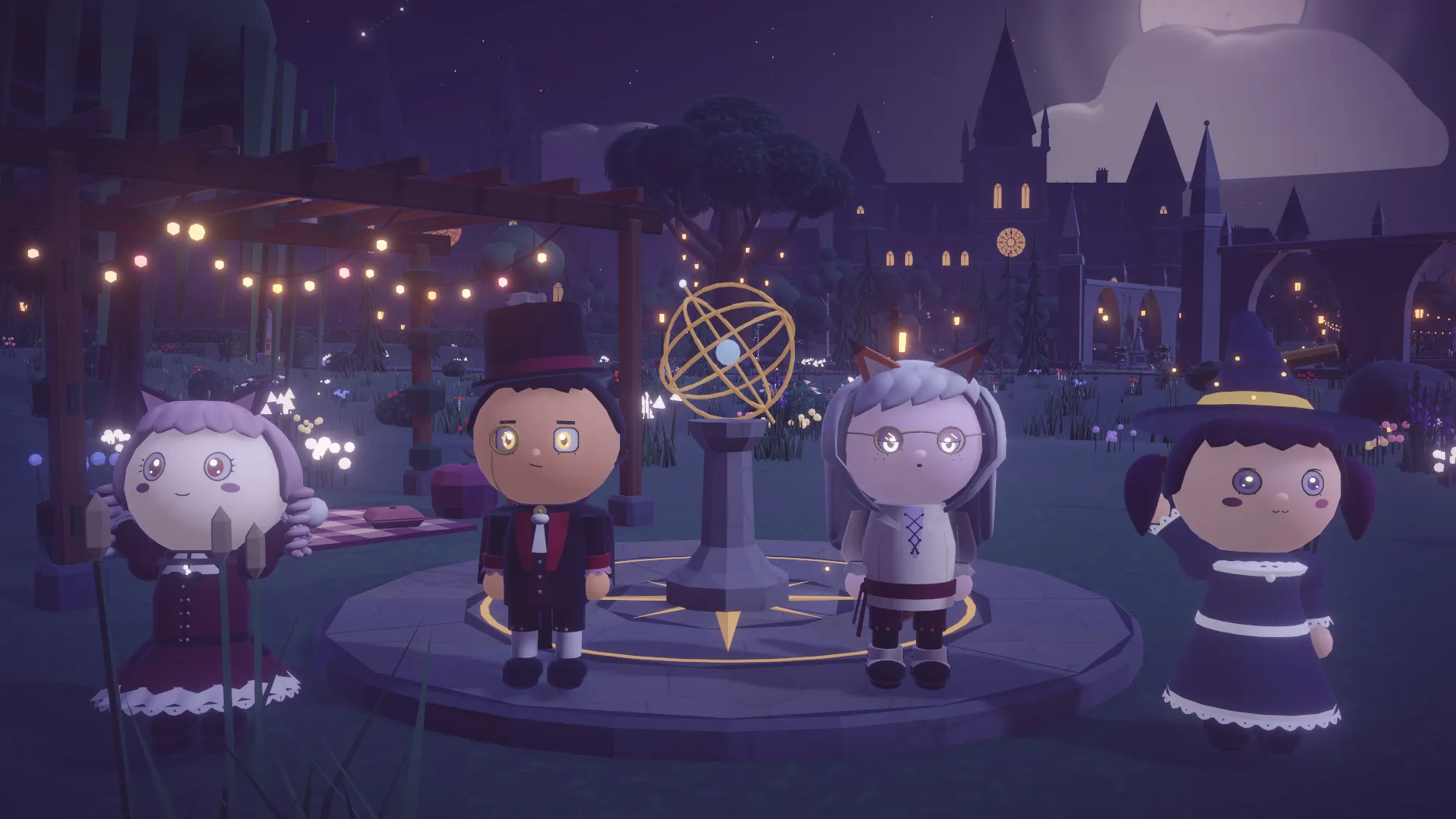 Four players stand round an armillary sphere in a lantern-lit meadow at night