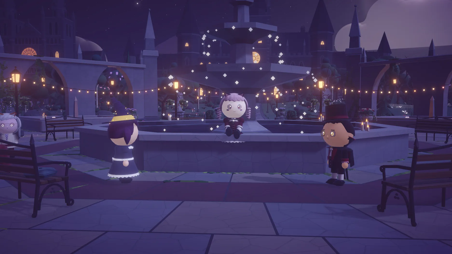 Players around a stone fountain under strings of warm lights