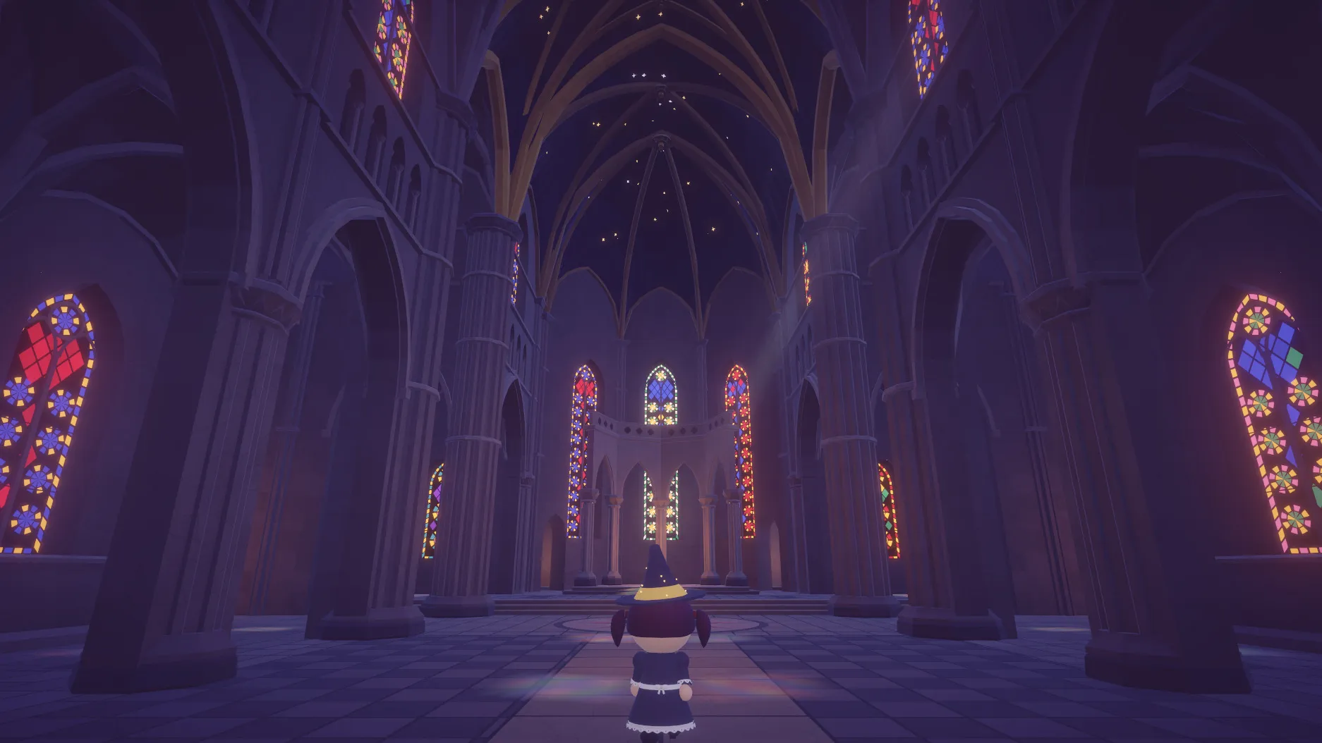 A player in the nave of a gothic cathedral with stained-glass windows