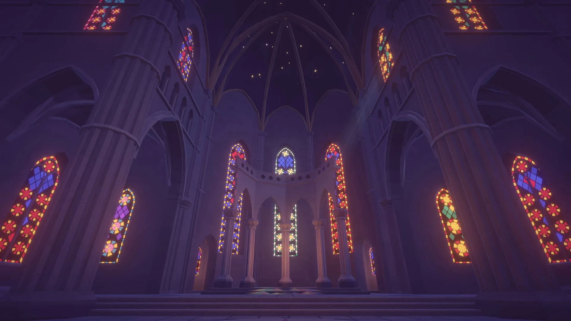 Tall stained-glass windows glowing between stone columns