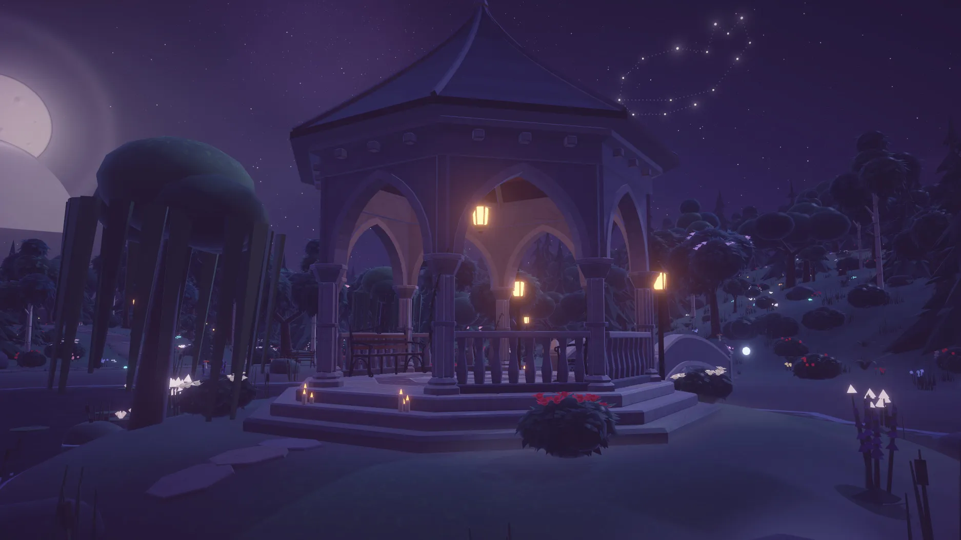 A lit gazebo on an island at night, constellations overhead