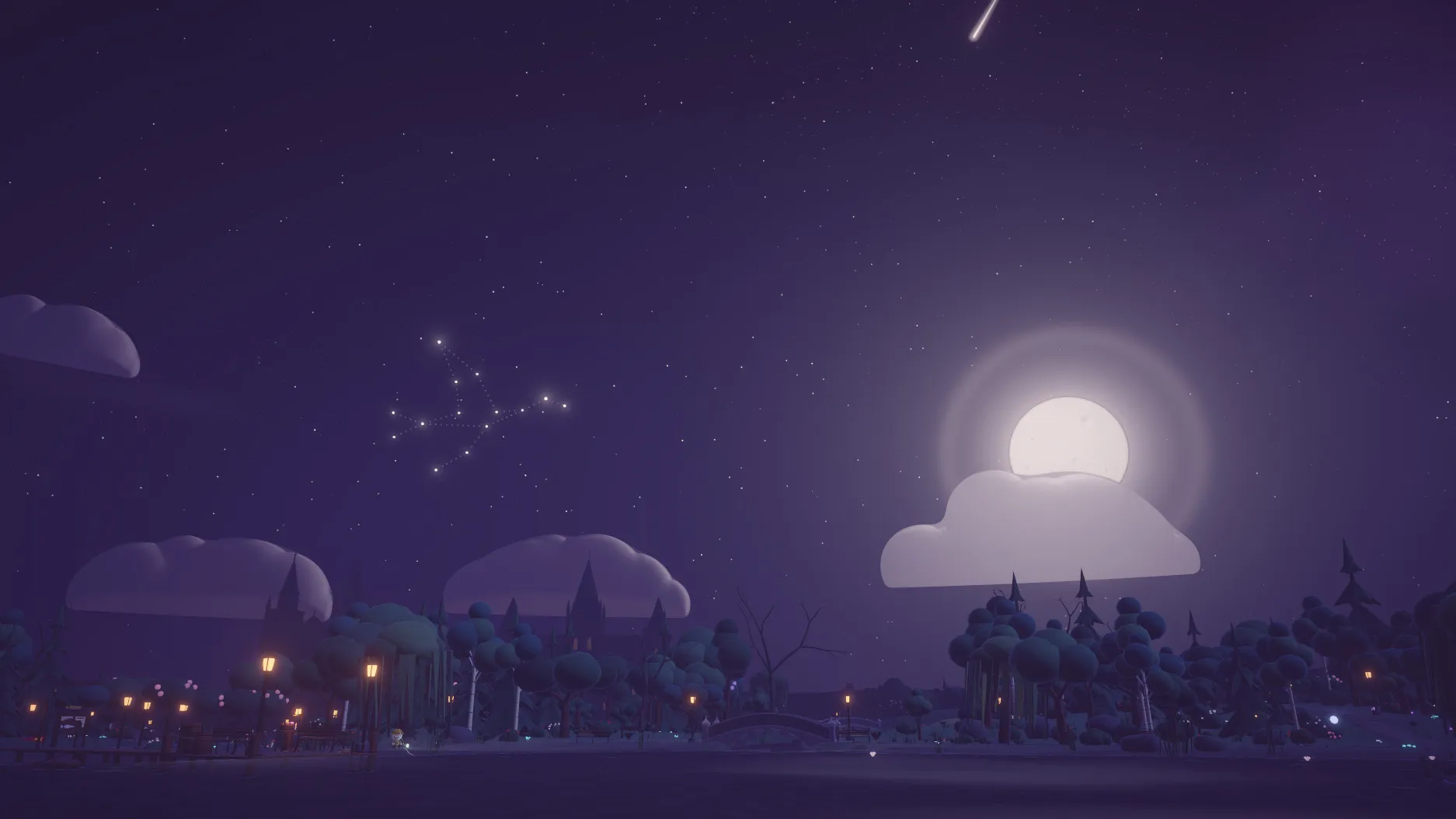 A large storybook moon and soft clouds above a dark lake