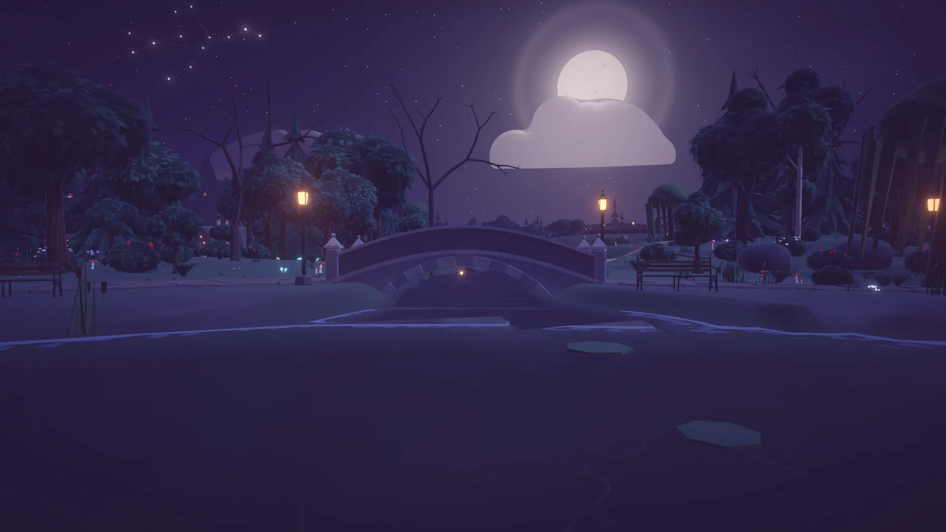 A river flowing under a bridge into a lake, the moon above