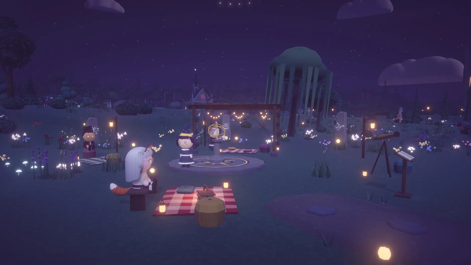 A picnic meadow with blankets, lanterns, wildflowers and a telescope