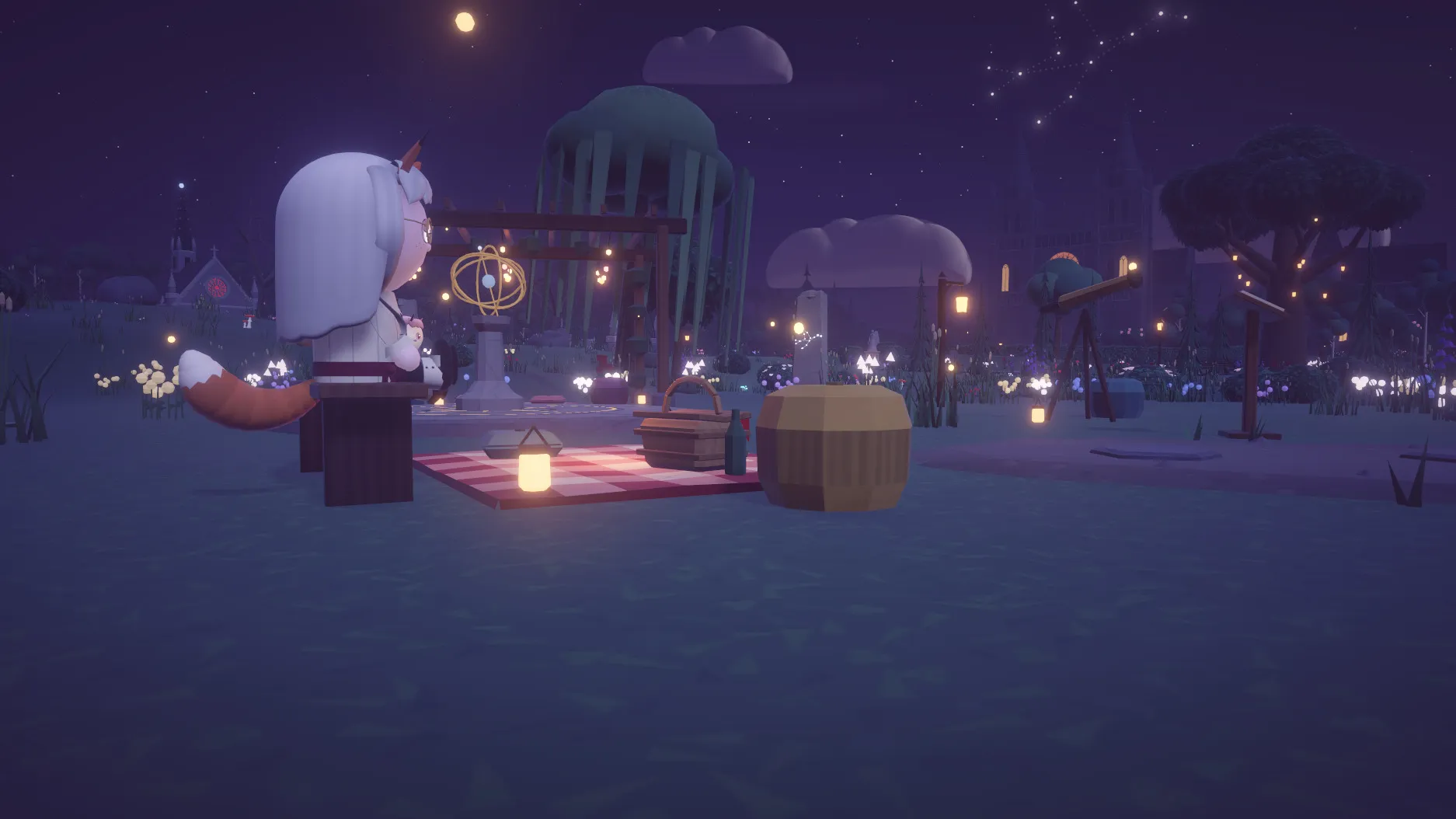 A player sitting on a picnic blanket beside a lantern