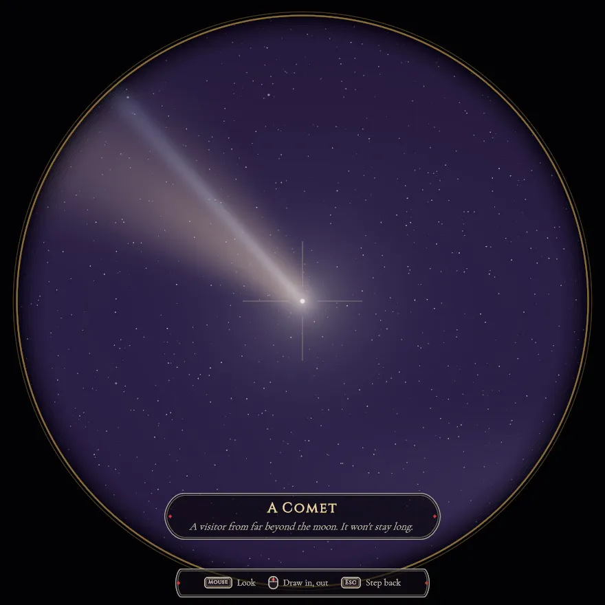 A comet seen through the round view of a telescope