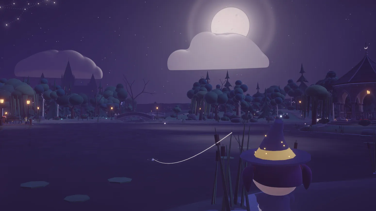 A player fishing from the shore under the moon