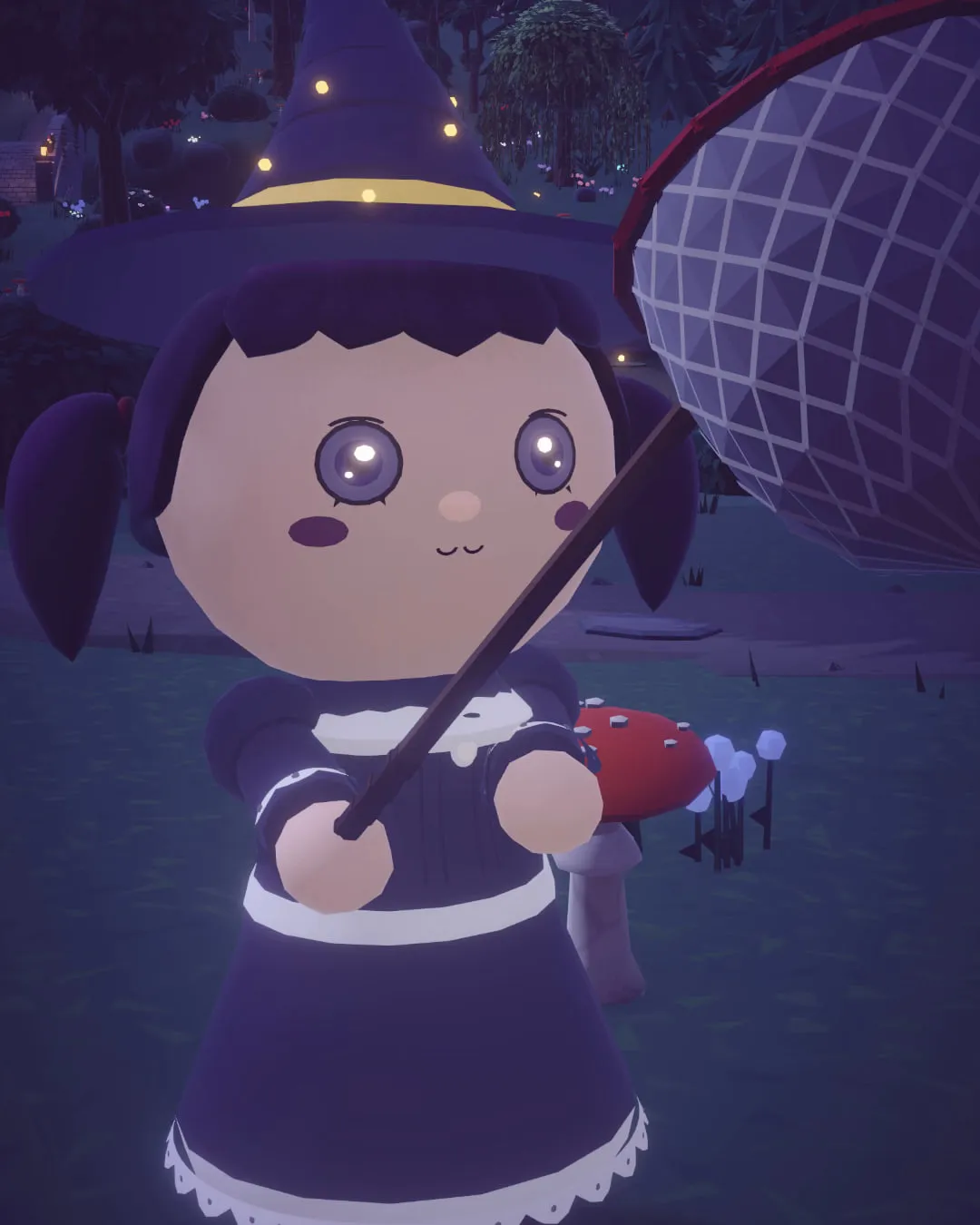 A player in a witch hat holding a bug net in a dark forest