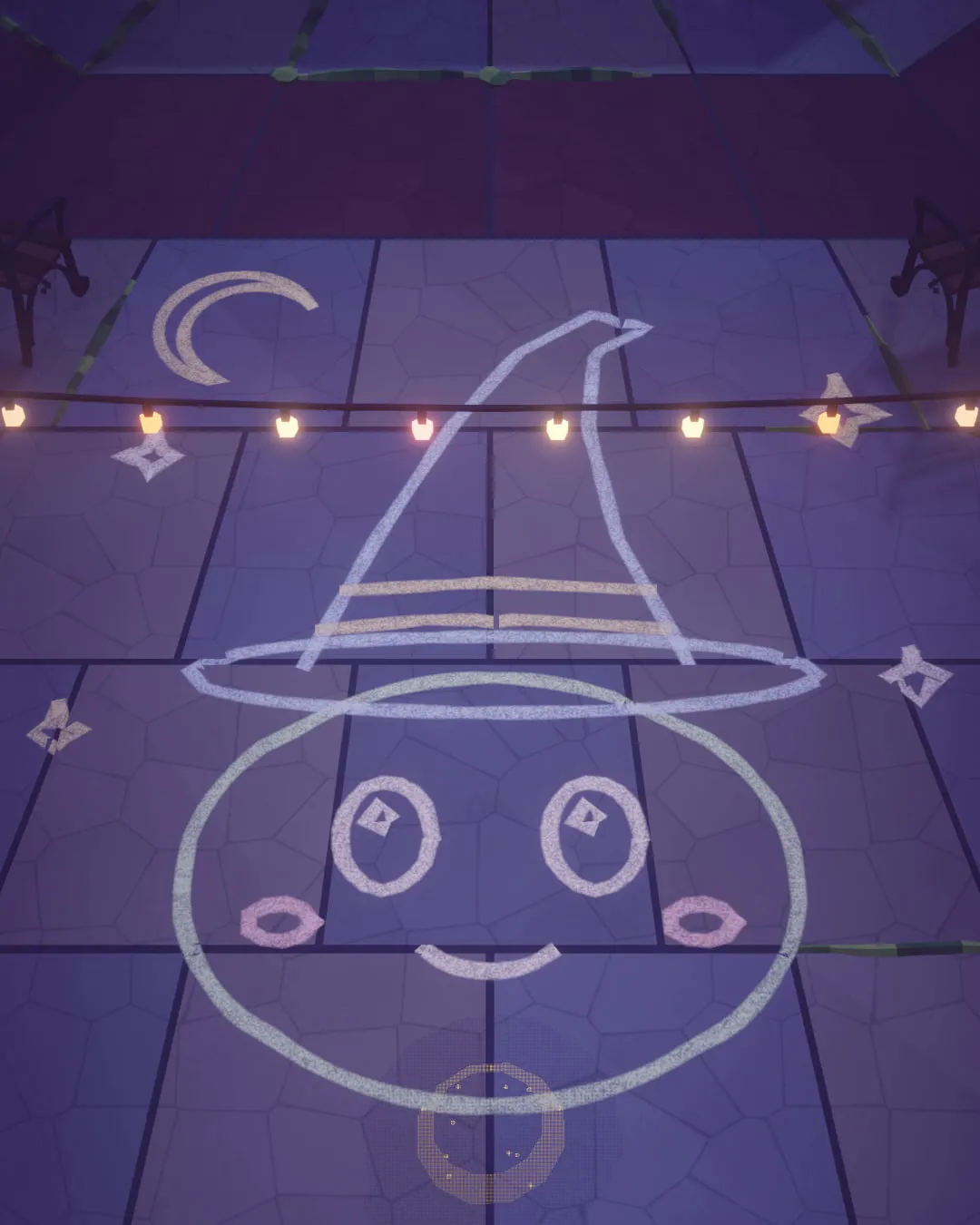 A chalk drawing of a smiling face in a witch hat on the courtyard stones