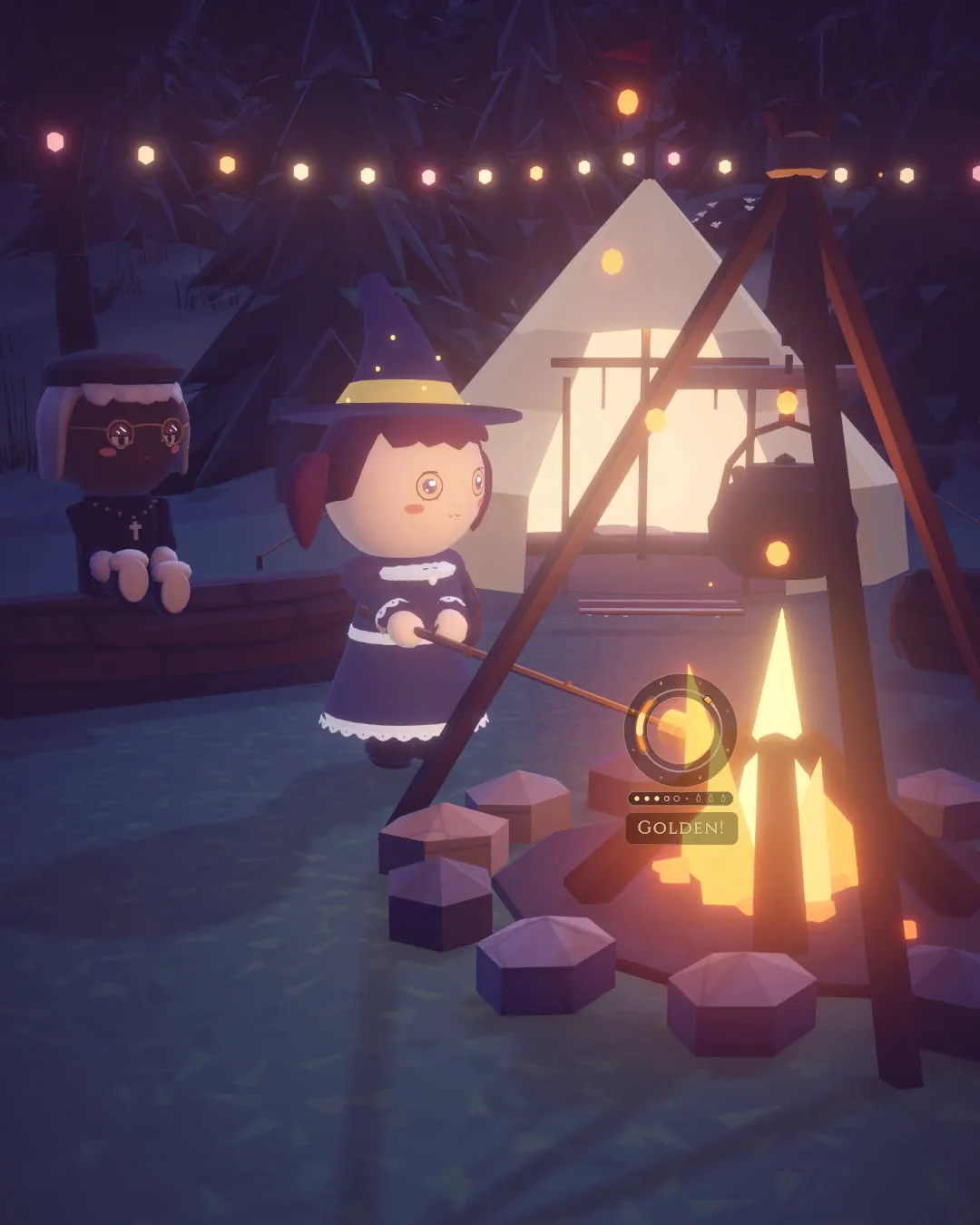 Players sitting by a campfire in front of a lit tent