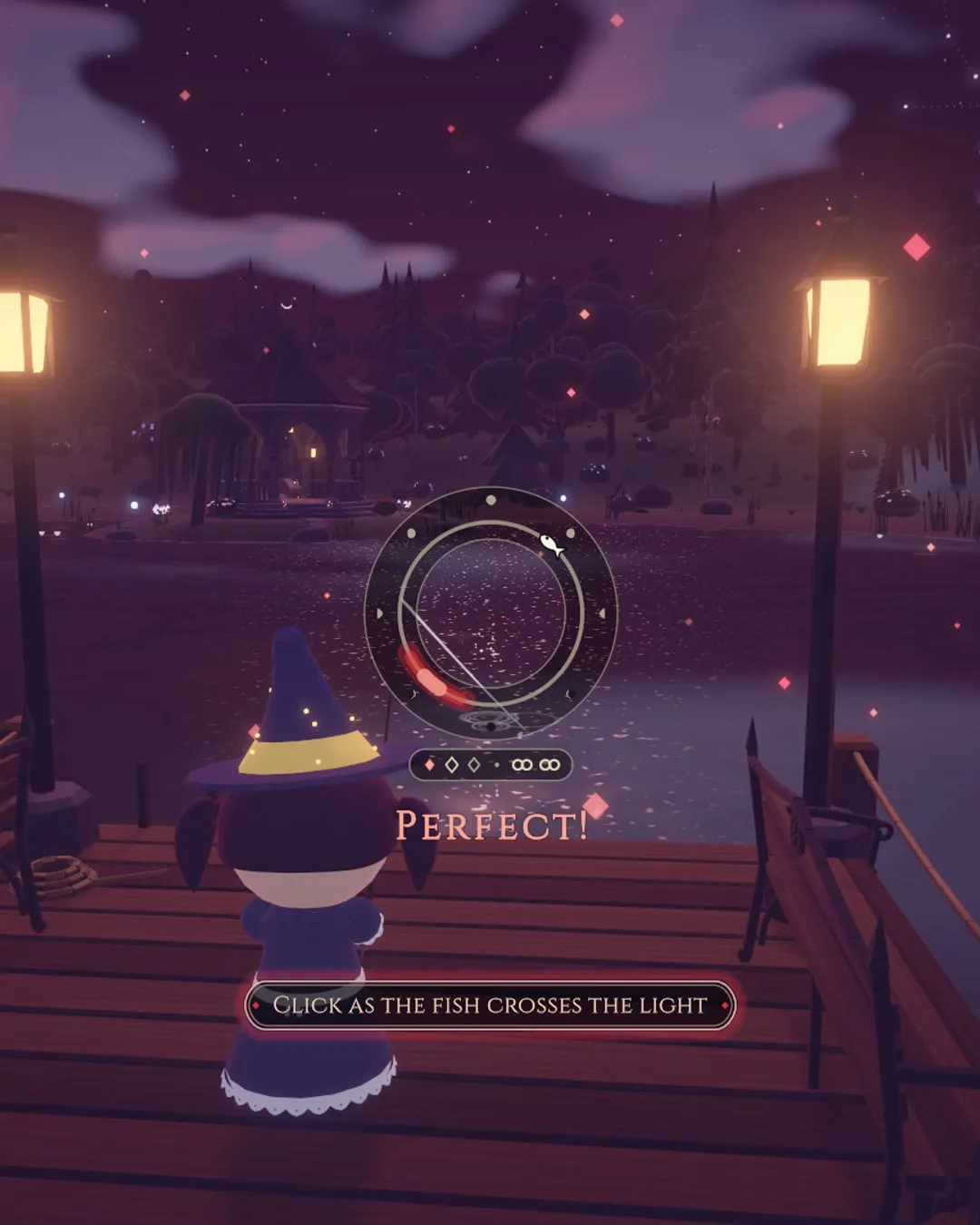 A player on a pier landing a fish on the glowing Moon Ring