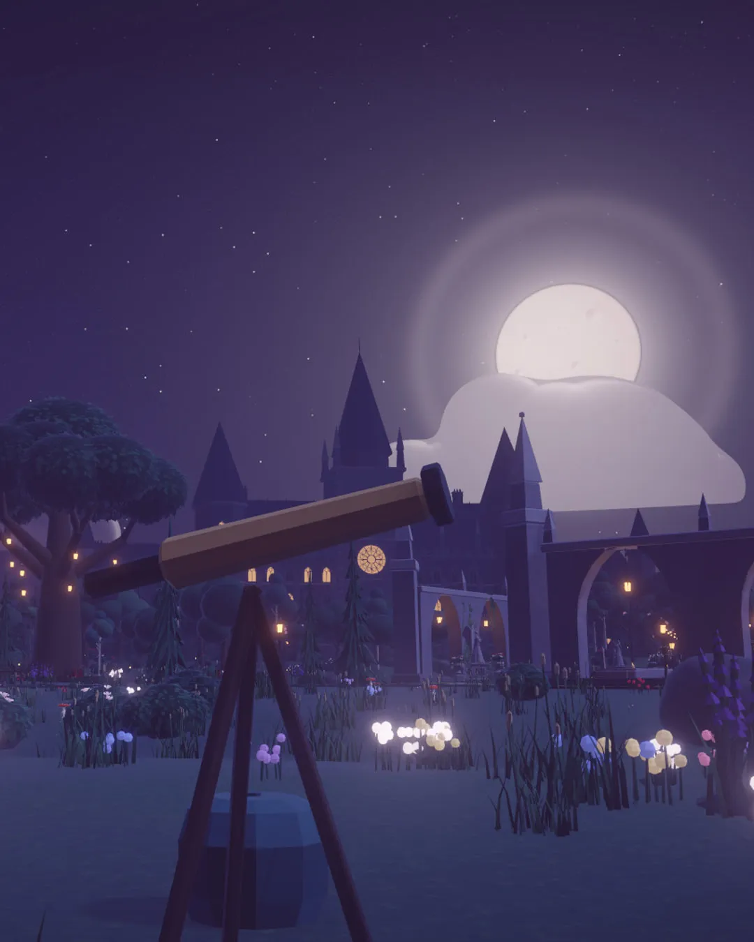 A brass telescope on a tripod pointed at the full moon over the cathedral