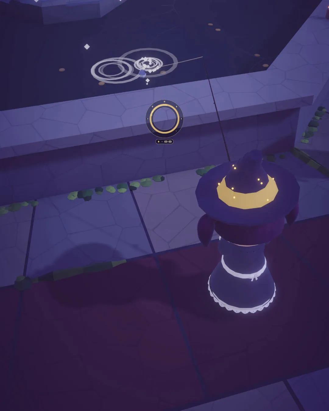 A player beside the fountain as a token ripples the water